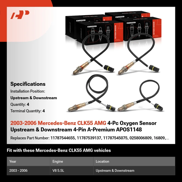 2003-2006 Mercedes-Benz CLK55 AMG 4-Pc Oxygen Sensor Upstream & Downstream 4-Pin A-Premium APOS1148