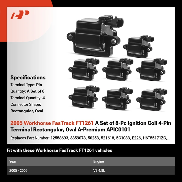 2005 Workhorse FasTrack FT1261 A Set of 8-Pc Ignition Coil 4-Pin Terminal Rectangular, Oval A-Premium APIC0101