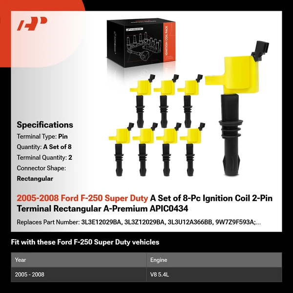 2005-2008 Ford F-250 Super Duty A Set of 8-Pc Ignition Coil 2-Pin Terminal Rectangular A-Premium APIC0434