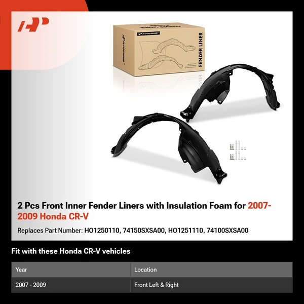 2 Pcs Front Inner Fender Liners with Insulation Foam for 2007-2009 Honda CR-V