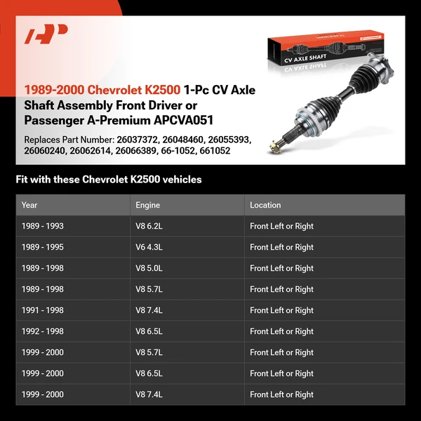 1989-2000 Chevrolet K2500 1-Pc CV Axle Shaft Assembly Front Driver or Passenger A-Premium APCVA051