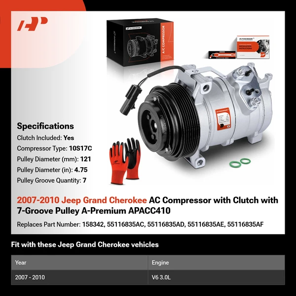 2007-2010 Jeep Grand Cherokee AC Compressor with Clutch with 7-Groove Pulley A-Premium APACC410