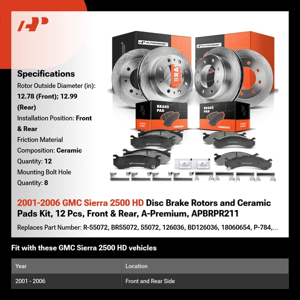 2001-2006 GMC Sierra 2500 HD Disc Brake Rotors and Ceramic Pads Kit, 12 Pcs, Front & Rear, A-Premium, APBRPR211