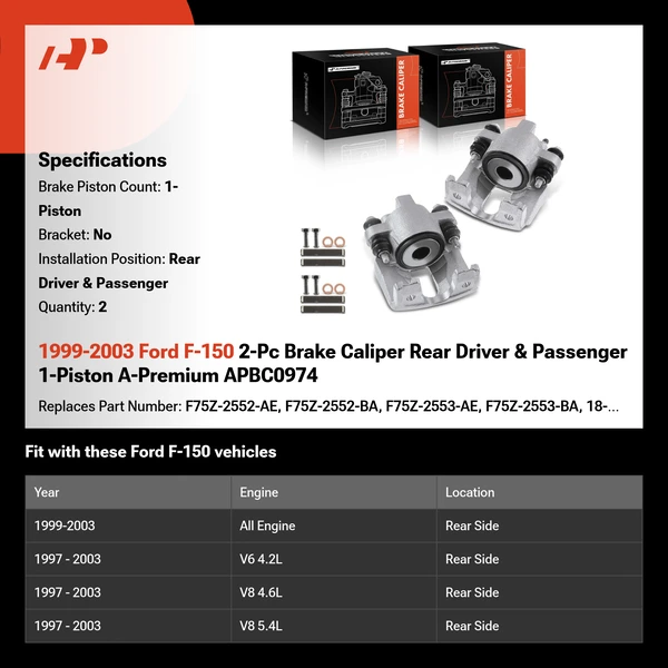 1999-2003 Ford F-150 2-Pc Brake Caliper Rear Driver & Passenger 1-Piston A-Premium APBC0974