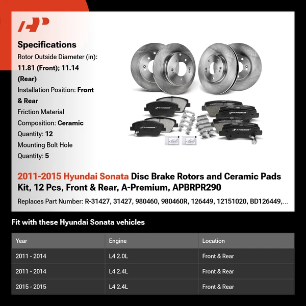 2011-2015 Hyundai Sonata Disc Brake Rotors and Ceramic Pads Kit, 12 Pcs, Front & Rear, A-Premium, APBRPR290