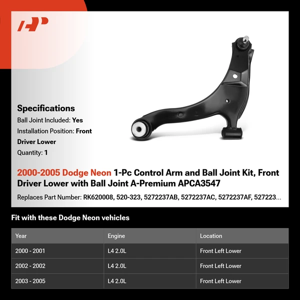 2000-2005 Dodge Neon 1-Pc Control Arm and Ball Joint Kit, Front Driver Lower with Ball Joint A-Premium APCA3547
