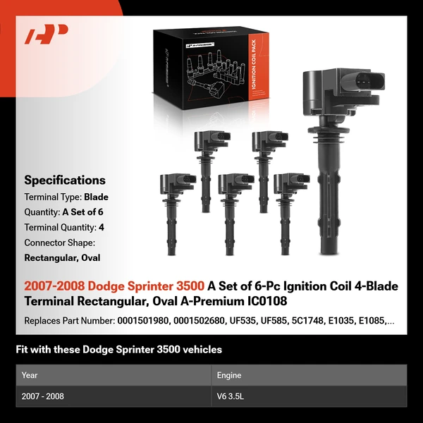 2007-2008 Dodge Sprinter 3500 A Set of 6-Pc Ignition Coil 4-Blade Terminal Rectangular, Oval A-Premium IC0108