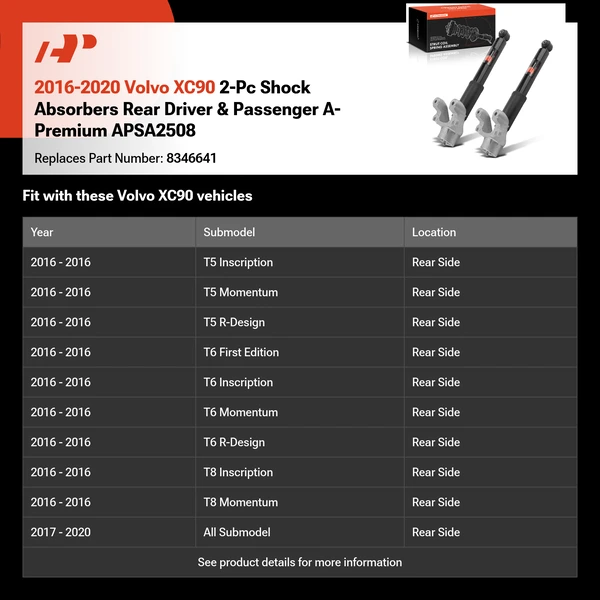 2016-2020 Volvo XC90 2-Pc Shock Absorbers Rear Driver & Passenger A-Premium APSA2508