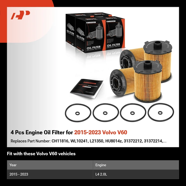 4 Pcs Engine Oil Filter for 2015-2023 Volvo V60