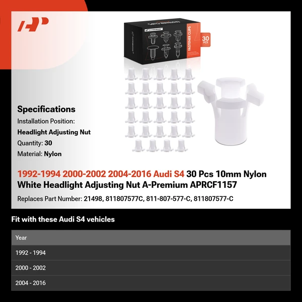 1992-1994 2000-2002 2004-2016 Audi S4 30 Pcs 10mm Nylon White Headlight Adjusting Nut A-Premium APRCF1157