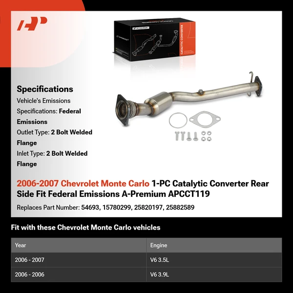2006-2007 Chevrolet Monte Carlo 1-PC Catalytic Converter Rear Side Fit Federal Emissions A-Premium APCCT119