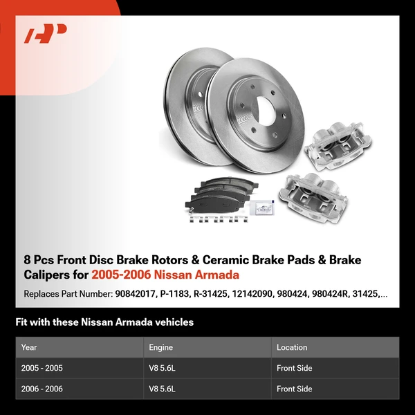 8 Pcs Front Disc Brake Rotors & Ceramic Brake Pads & Brake Calipers for 2005-2006 Nissan Armada