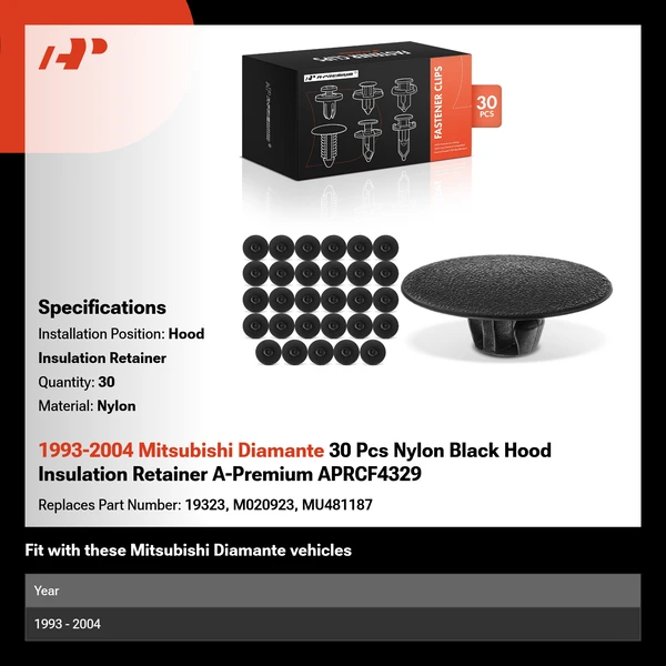 1993-2004 Mitsubishi Diamante 30 Pcs Nylon Black Hood Insulation Retainer A-Premium APRCF4329