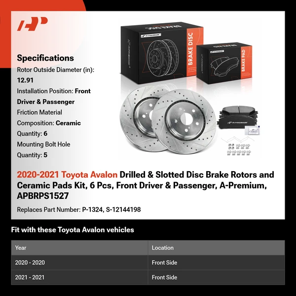2020-2021 Toyota Avalon Drilled & Slotted Disc Brake Rotors and Ceramic Pads Kit, 6 Pcs, Front Driver & Passenger, A-Premium, APBRPS1527