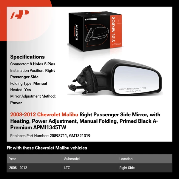 2008-2012 Chevrolet Malibu Right Passenger Side Mirror, with Heating, Power Adjustment, Manual Folding, Primed Black A-Premium APMI1345TW