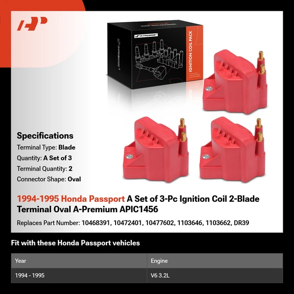 1994-1995 Honda Passport A Set of 3-Pc Ignition Coil 2-Blade Terminal Oval A-Premium APIC1456