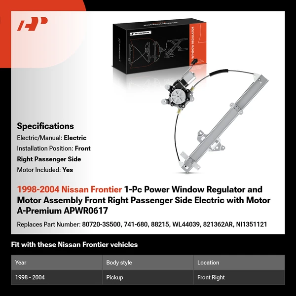 1998-2004 Nissan Frontier 1-Pc Power Window Regulator and Motor Assembly Front Right Passenger Side Electric with Motor A-Premium APWR0617