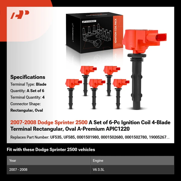 2007-2008 Dodge Sprinter 2500 A Set of 6-Pc Ignition Coil 4-Blade Terminal Rectangular, Oval A-Premium APIC1220
