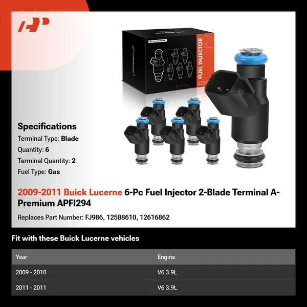 2009-2011 Buick Lucerne 6-Pc Fuel Injector 2-Blade Terminal A-Premium APFI294