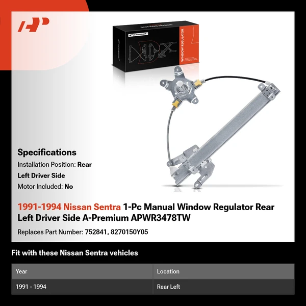 1991-1994 Nissan Sentra 1-Pc Manual Window Regulator Rear Left Driver Side A-Premium APWR3478TW