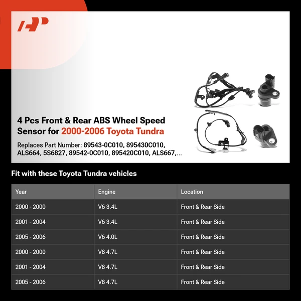 4 Pcs Front & Rear ABS Wheel Speed Sensor for 2000-2006 Toyota Tundra