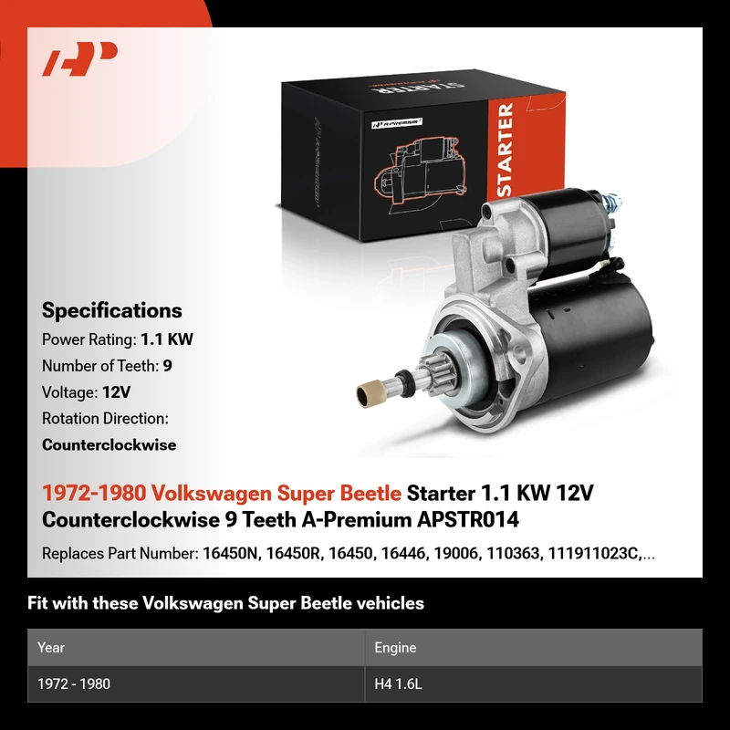 1972-1980 Volkswagen Super Beetle Starter 1.1 KW 12V Counterclockwise 9 Teeth A-Premium APSTR014