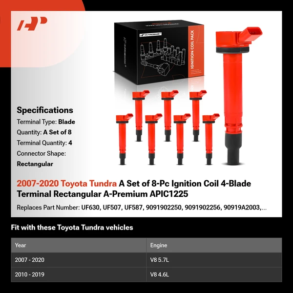 2007-2020 Toyota Tundra A Set of 8-Pc Ignition Coil 4-Blade Terminal Rectangular A-Premium APIC1225