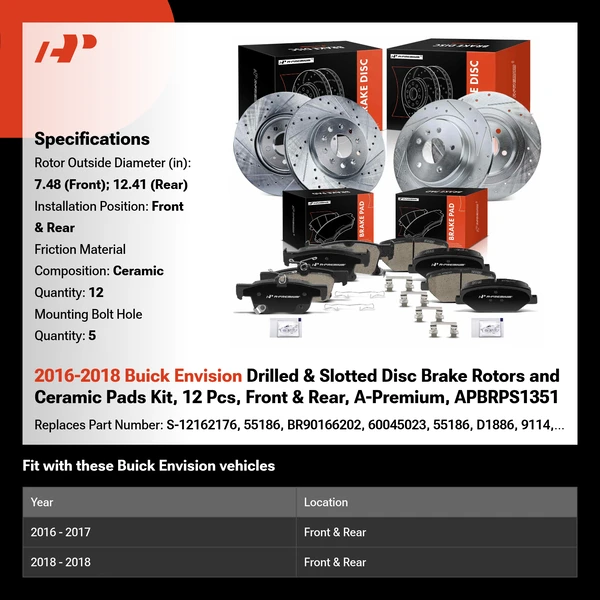 2016-2018 Buick Envision Drilled & Slotted Disc Brake Rotors and Ceramic Pads Kit, 12 Pcs, Front & Rear, A-Premium, APBRPS1351