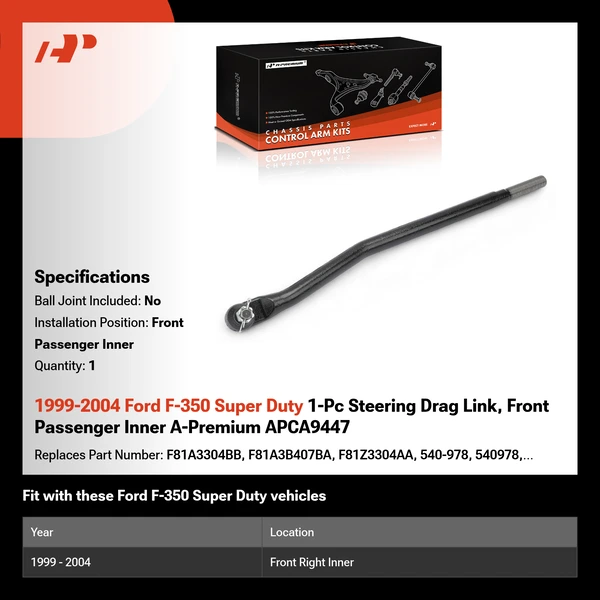 1999-2004 Ford F-350 Super Duty 1-Pc Steering Drag Link, Front Passenger Inner A-Premium APCA9447