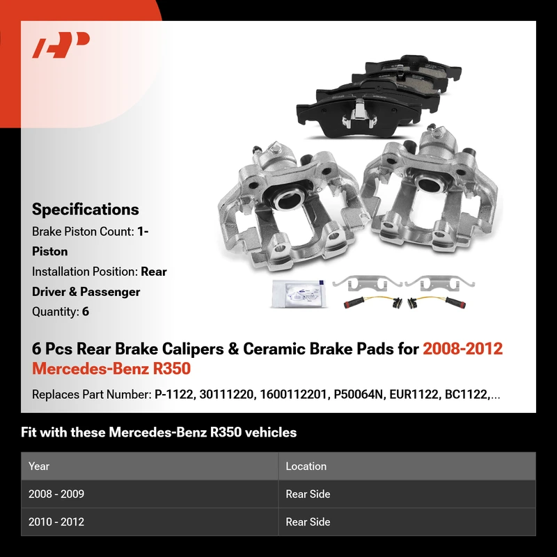 6 Pcs Rear Brake Calipers & Ceramic Brake Pads for 2008-2012 Mercedes-Benz R350