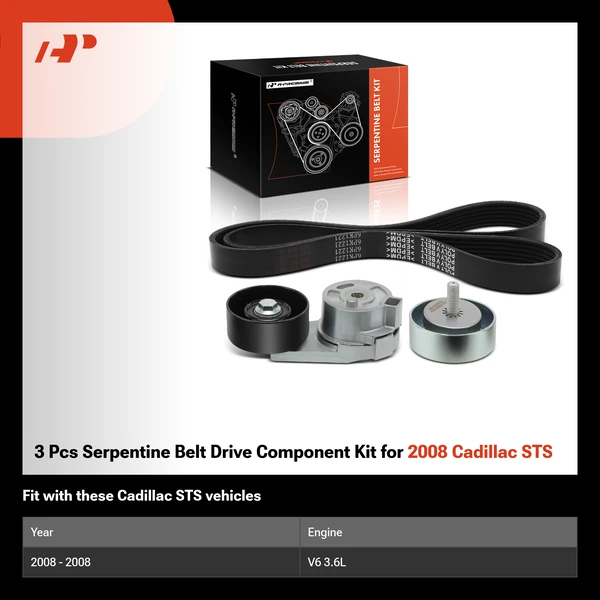 3 Pcs Serpentine Belt Drive Component Kit for 2008 Cadillac STS