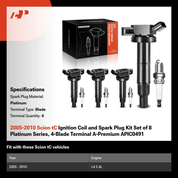 2005-2010 Scion tC Ignition Coil and Spark Plug Kit Set of 8 Platinum Series, 4-Blade Terminal A-Premium APIC0491