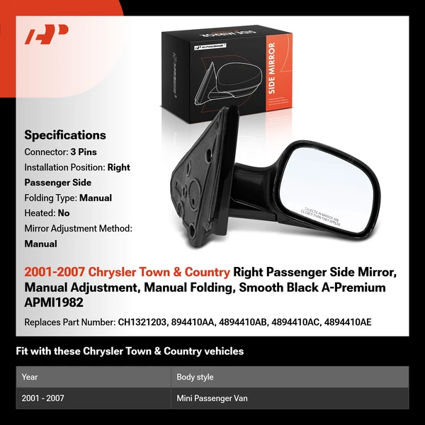 2001-2007 Chrysler Town & Country Right Passenger Side Mirror, Manual Adjustment, Manual Folding, Smooth Black A-Premium APMI1982
