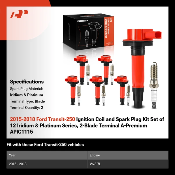 2015-2018 Ford Transit-250 Ignition Coil and Spark Plug Kit Set of 12 Iridium & Platinum Series, 2-Blade Terminal A-Premium APIC1115