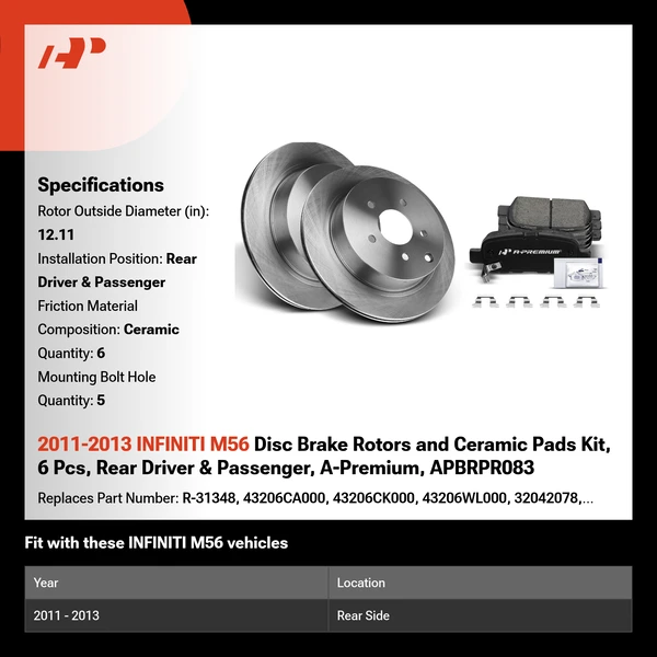 2011-2013 INFINITI M56 Disc Brake Rotors and Ceramic Pads Kit, 6 Pcs, Rear Driver & Passenger, A-Premium, APBRPR083