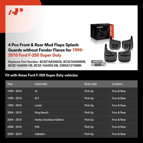 4 Pcs Front & Rear Mud Flaps Splash Guards without Fender Flares for 1999-2010 Ford F-250 Super Duty