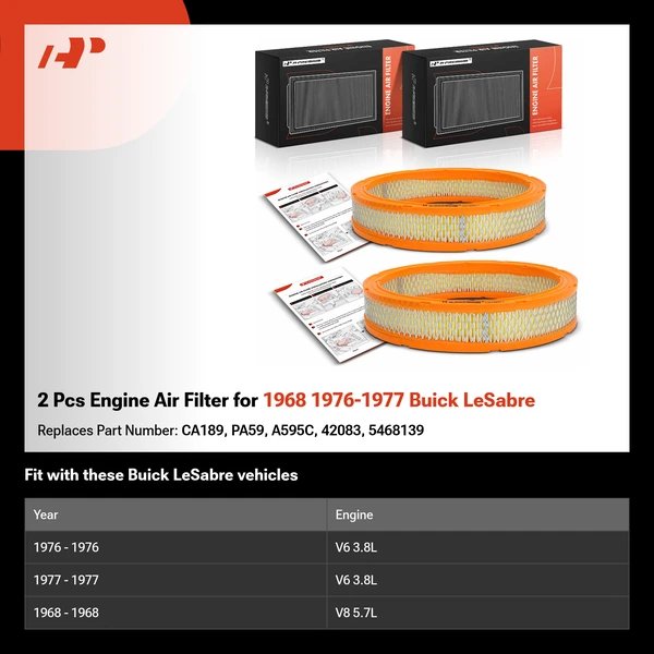 2 Pcs Engine Air Filter for 1968 1976-1977 Buick LeSabre