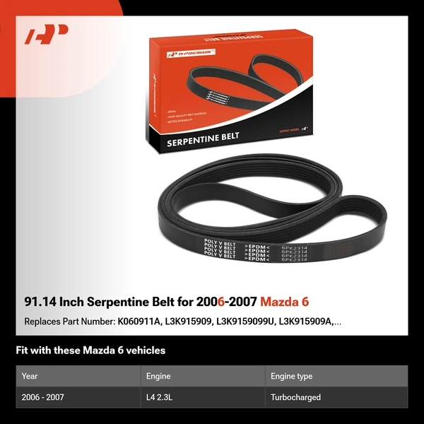91.14 Inch Serpentine Belt for 2006-2007 Mazda 6