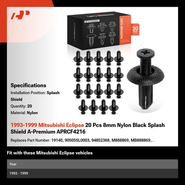 1993-1999 Mitsubishi Eclipse 20 Pcs 8mm Nylon Black Splash Shield A-Premium APRCF4216
