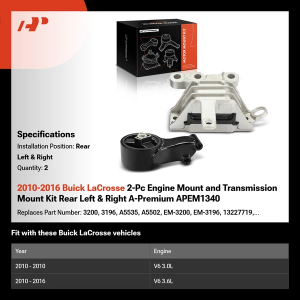 2010-2016 Buick LaCrosse 2-Pc Engine Mount and Transmission Mount Kit Rear Left & Right A-Premium APEM1340