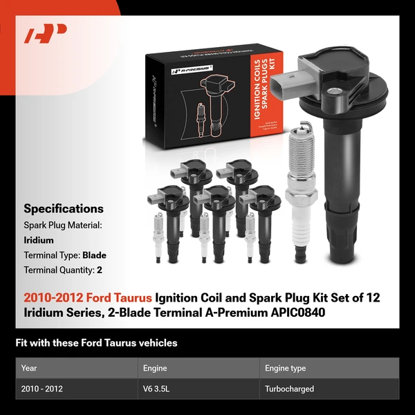 2010-2012 Ford Taurus Ignition Coil and Spark Plug Kit Set of 12 Iridium Series, 2-Blade Terminal A-Premium APIC0840