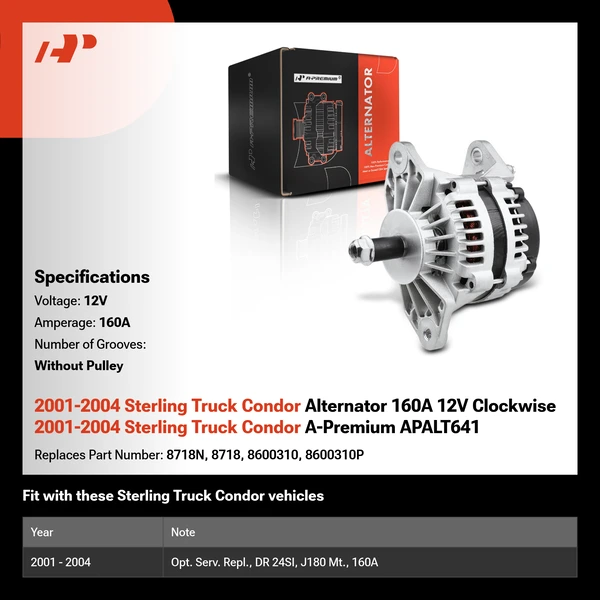 2001-2004 Sterling Truck Condor Alternator 160A 12V Clockwise 2001-2004 Sterling Truck Condor A-Premium APALT641