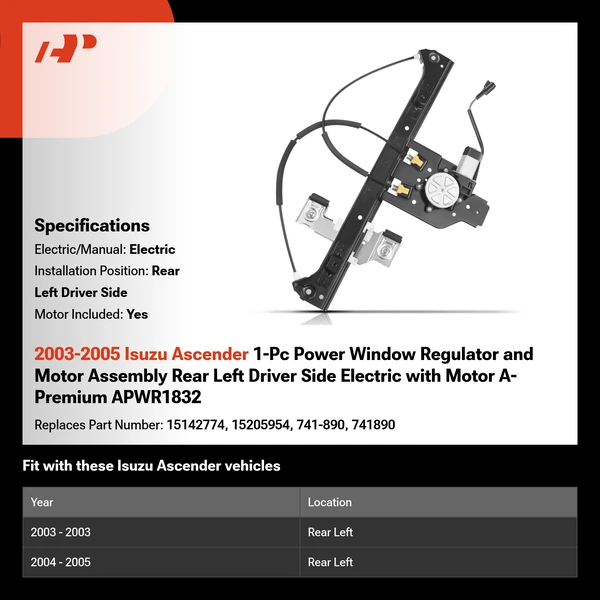 2003-2005 Isuzu Ascender 1-Pc Power Window Regulator and Motor Assembly Rear Left Driver Side Electric with Motor A-Premium APWR1832