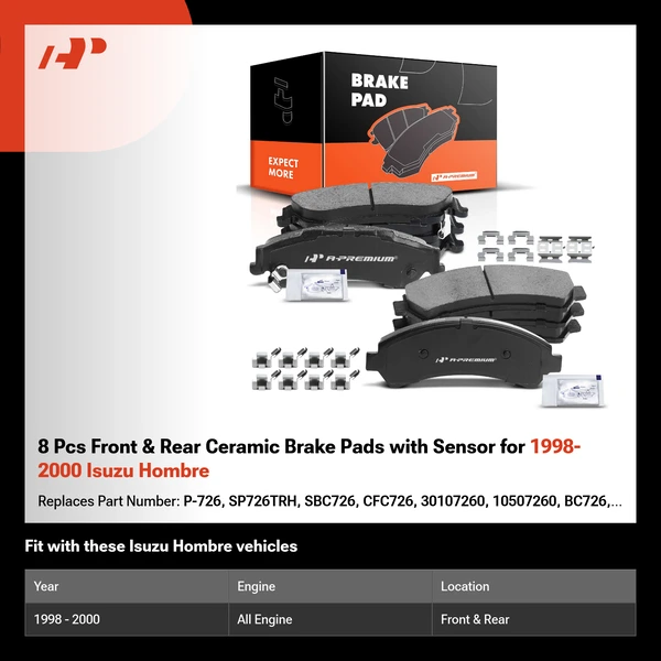 8 Pcs Front & Rear Ceramic Brake Pads with Sensor for 1998-2000 Isuzu Hombre