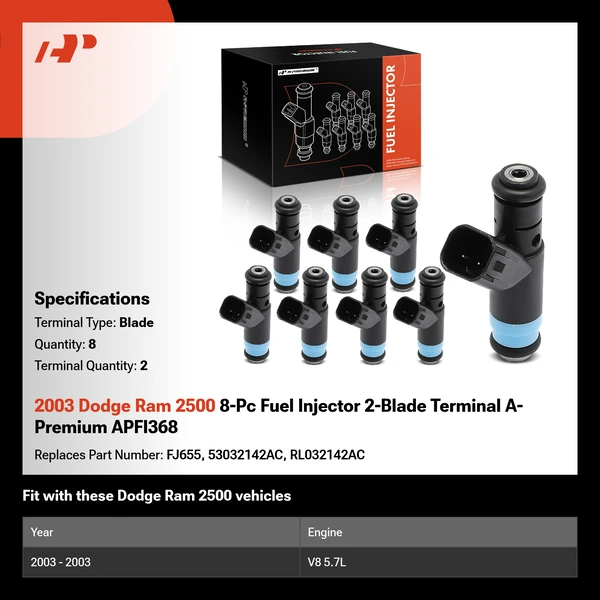 2003 Dodge Ram 2500 8-Pc Fuel Injector 2-Blade Terminal A-Premium APFI368