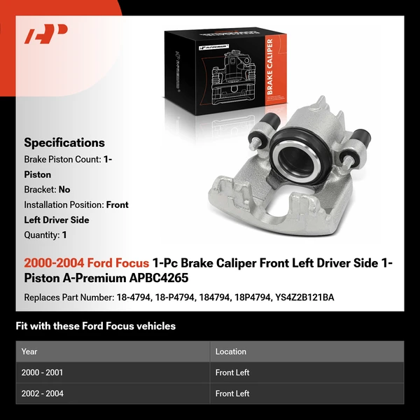 2000-2004 Ford Focus 1-Pc Brake Caliper Front Left Driver Side 1-Piston A-Premium APBC4265