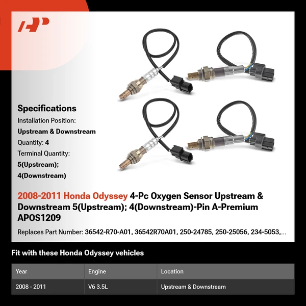 2008-2011 Honda Odyssey 4-Pc Oxygen Sensor Upstream & Downstream 5(Upstream); 4(Downstream)-Pin A-Premium APOS1209