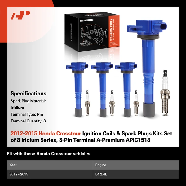 2012-2015 Honda Crosstour Ignition Coils & Spark Plugs Kits Set of 8 Iridium Series, 3-Pin Terminal A-Premium APIC1518