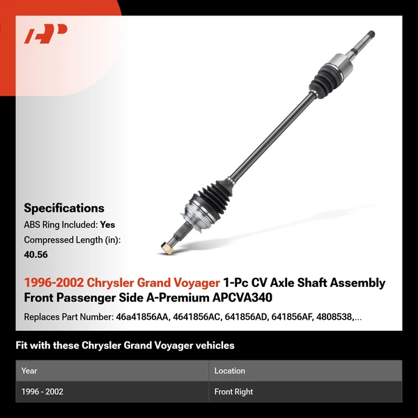 1996-2002 Chrysler Grand Voyager 1-Pc CV Axle Shaft Assembly Front Passenger Side A-Premium APCVA340