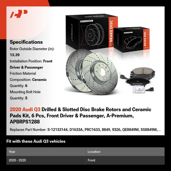 2020 Audi Q3 Drilled & Slotted Disc Brake Rotors and Ceramic Pads Kit, 6 Pcs, Front Driver & Passenger, A-Premium, APBRPS1288
